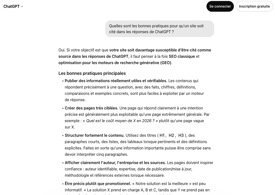 Réponse ChatGPT sur les bonnes pratiques pour être cité par les IA