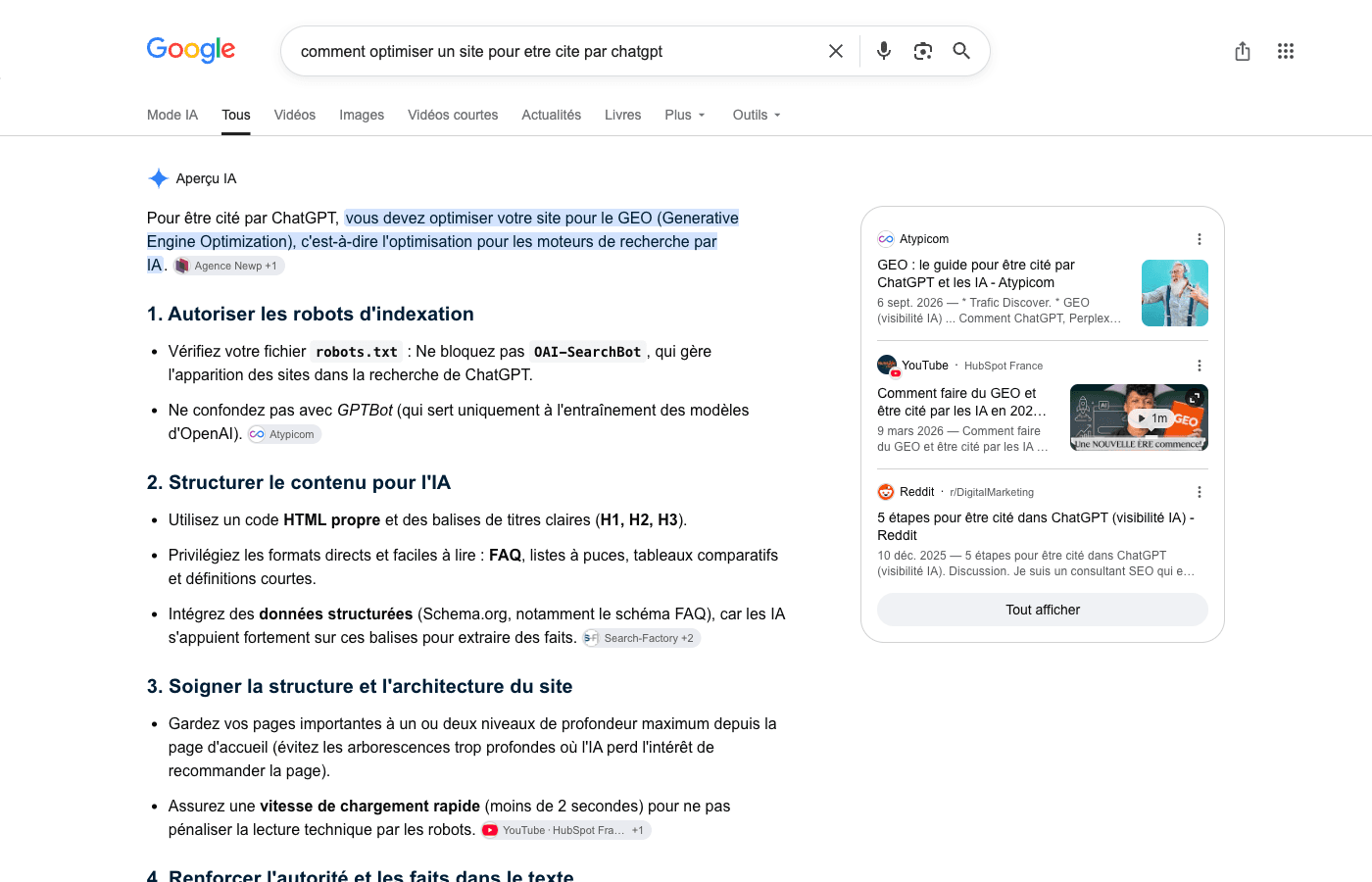 Aperçu IA Google sur l'optimisation pour être cité par ChatGPT