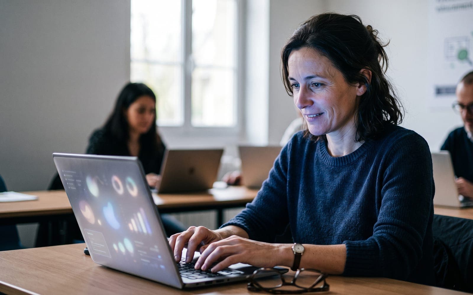 Une apprenante concentrée sur son ordinateur pendant une formation à l'IA