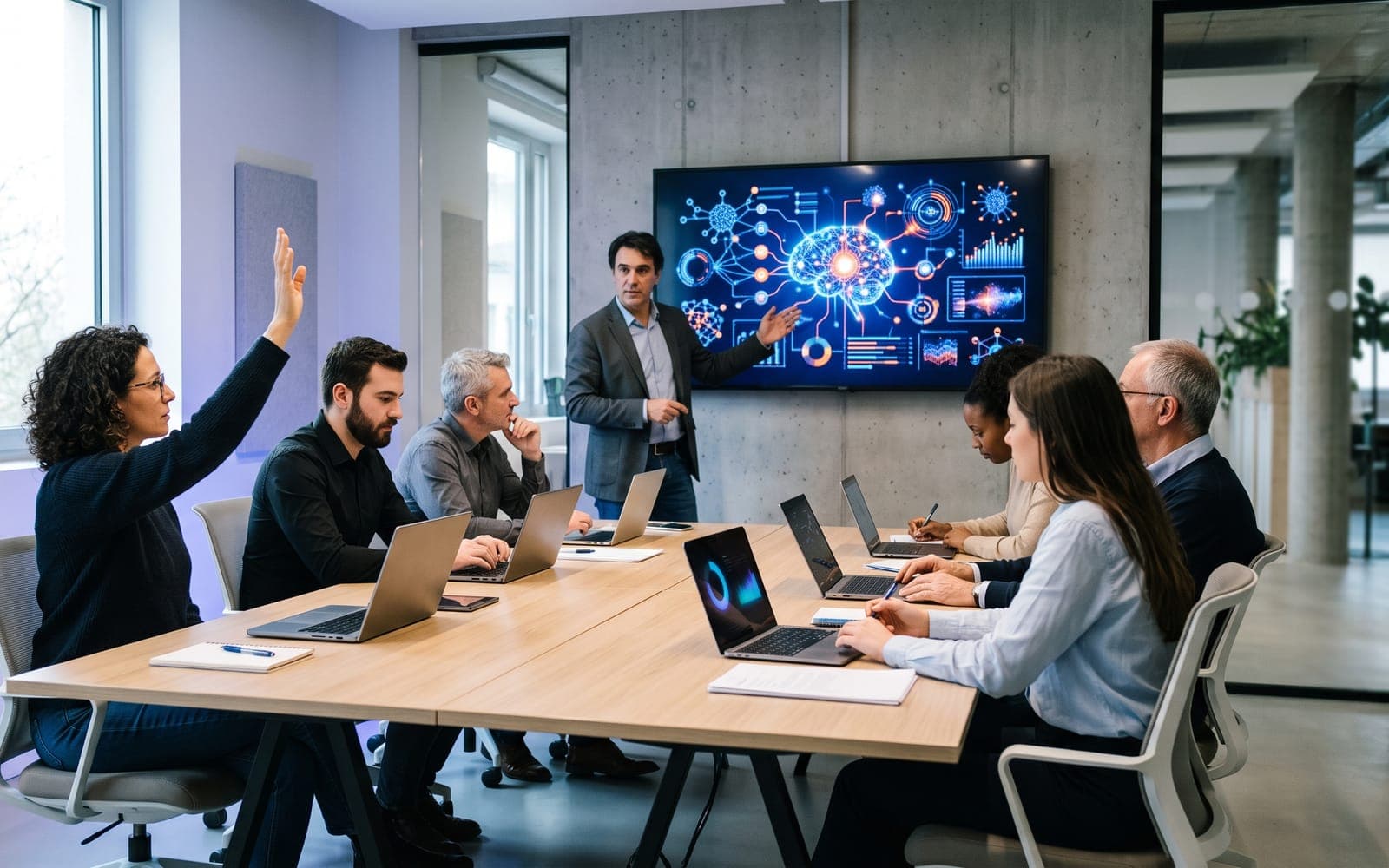 Atelier de formation à l'intelligence artificielle, un formateur devant un écran et des apprenants en séance