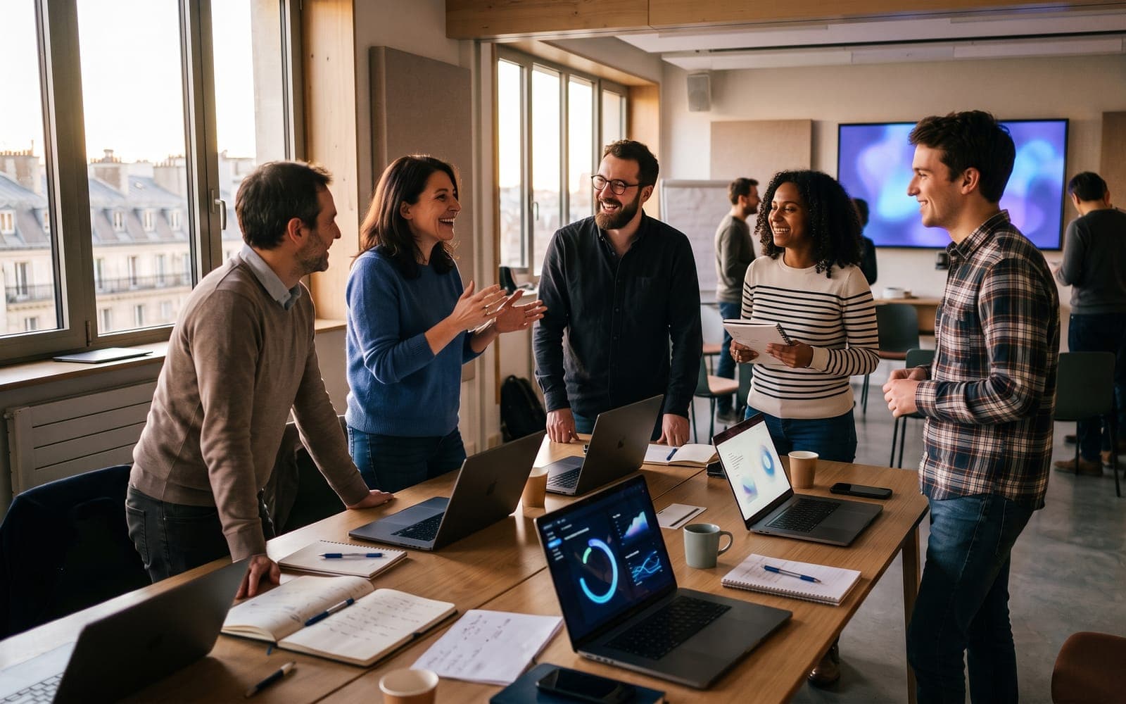 Fin de journée de formation à l'IA, les apprenants échangent autour de la table